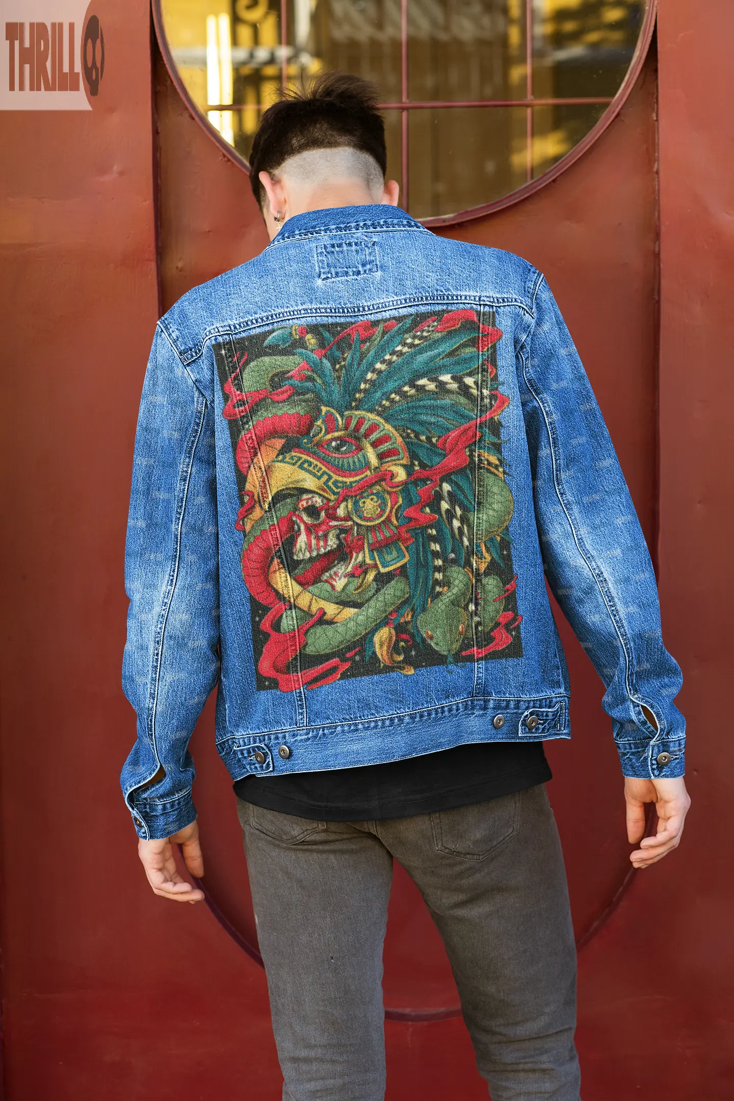 Native American Men Printed Denim Jacket Thrill Clothing Co