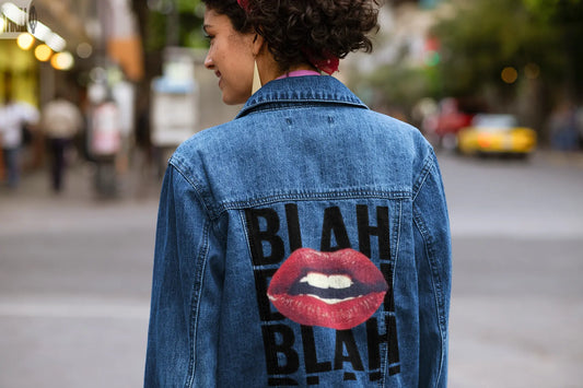 Blah Blah Womens Back Printed Denim Jacket Thrill Clothing Co