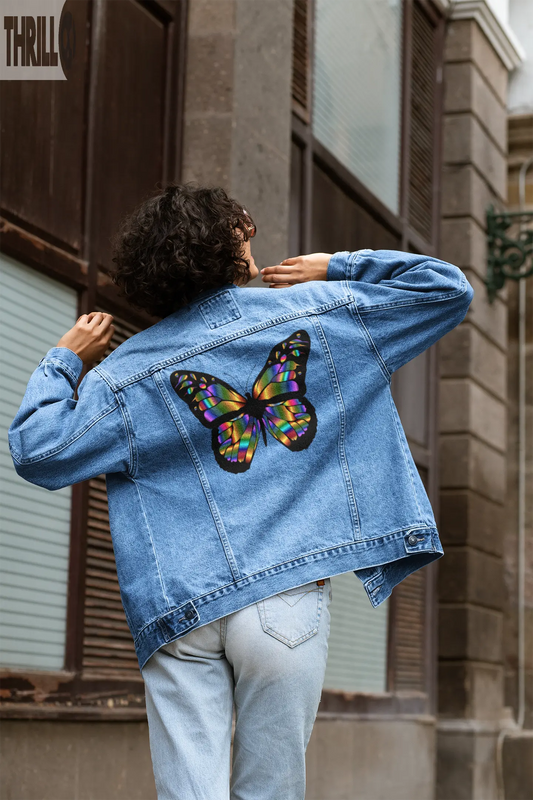 Butterfly Womens Printed Denim Jacket Thrill Clothing Co