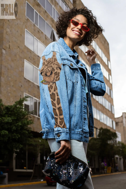 Giraffe Womens Hand Printed Denim Jacket Thrill Clothing Co