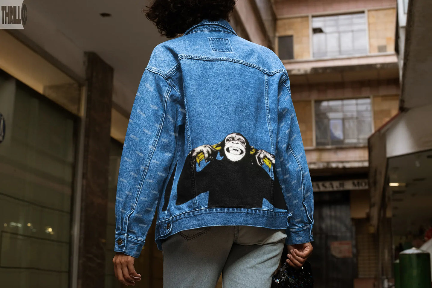 Monkey Ears Womens Back Printed Denim Jacket Thrill Clothing Co