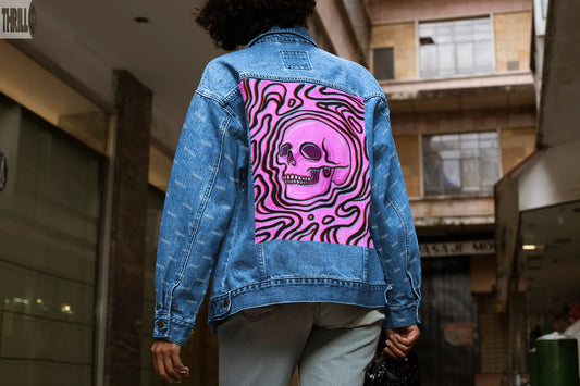 Pink Skull Womens Back Printed Denim Jacket Thrill Clothing Co