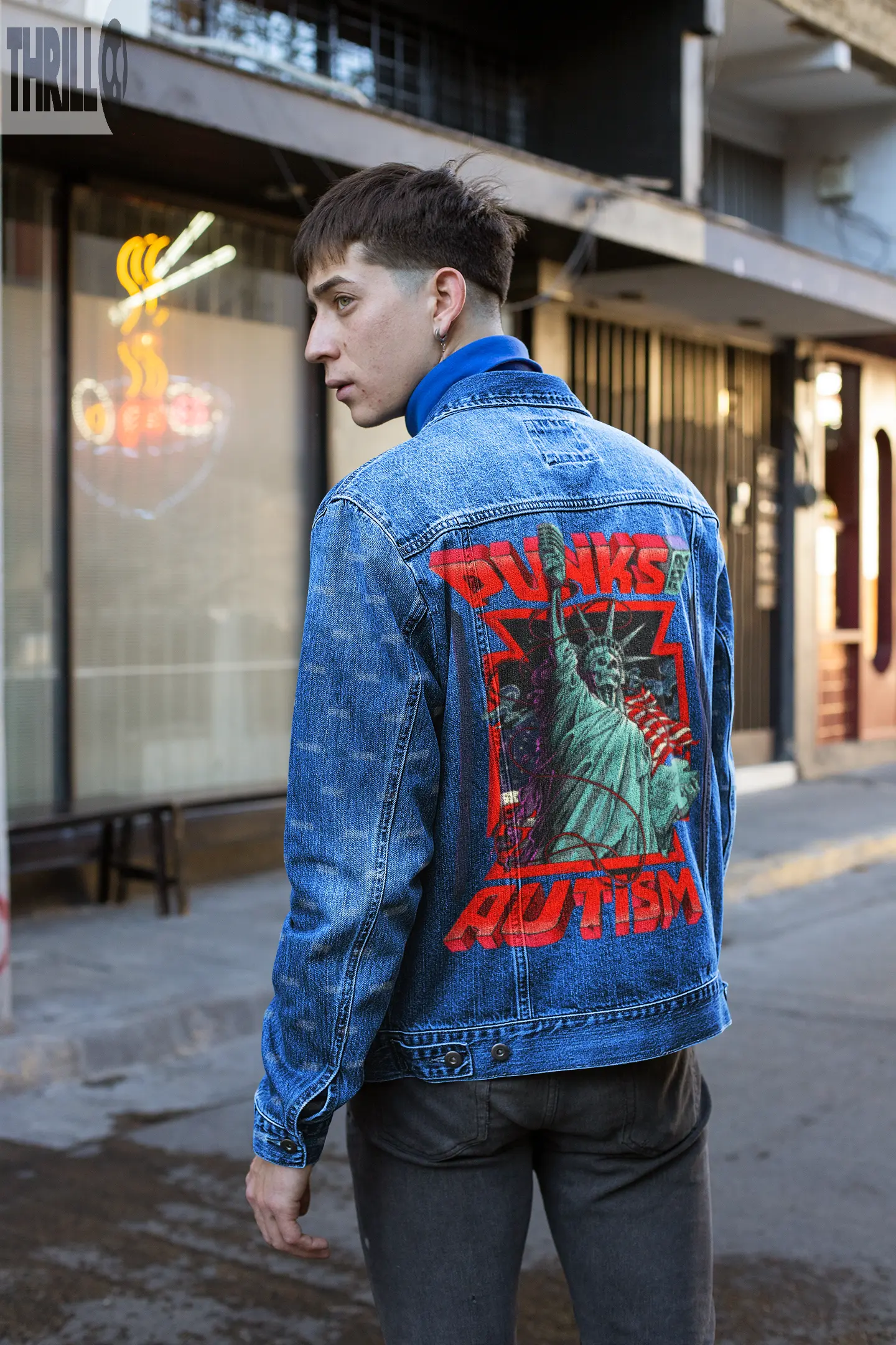 Punks Men Printed Denim Jacket Thrill Clothing Co