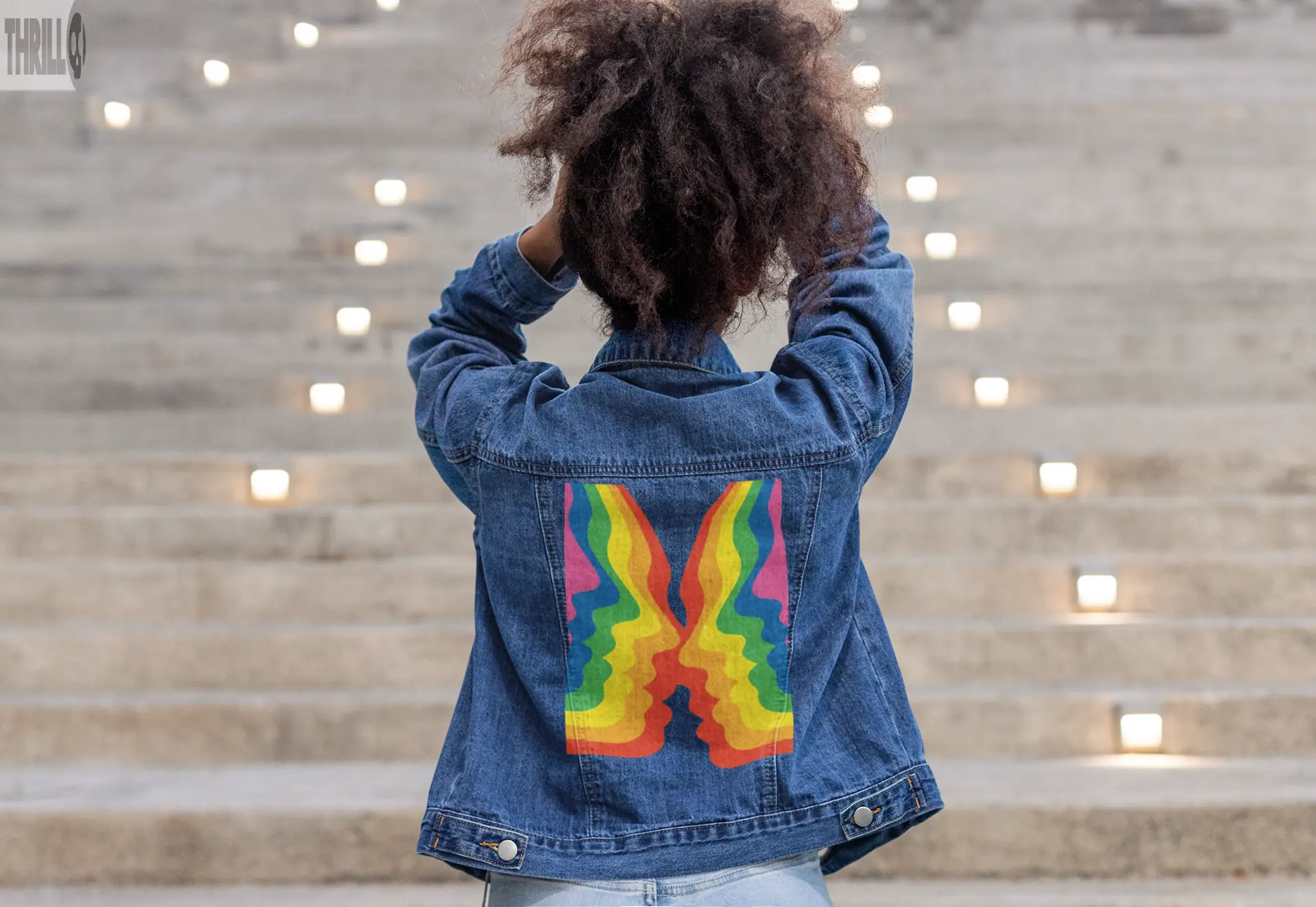 Rainbowed Face Womens Back Printed Denim Jacket Thrill Clothing Co