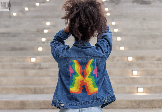 Rainbowed Face Womens Back Printed Denim Jacket Thrill Clothing Co